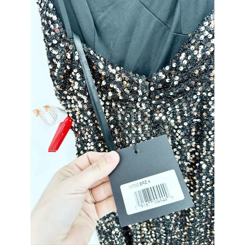 Mac Duggal 55700 Bronze Sequined‎ Gather Waist Cocktail Gown Size 4 New